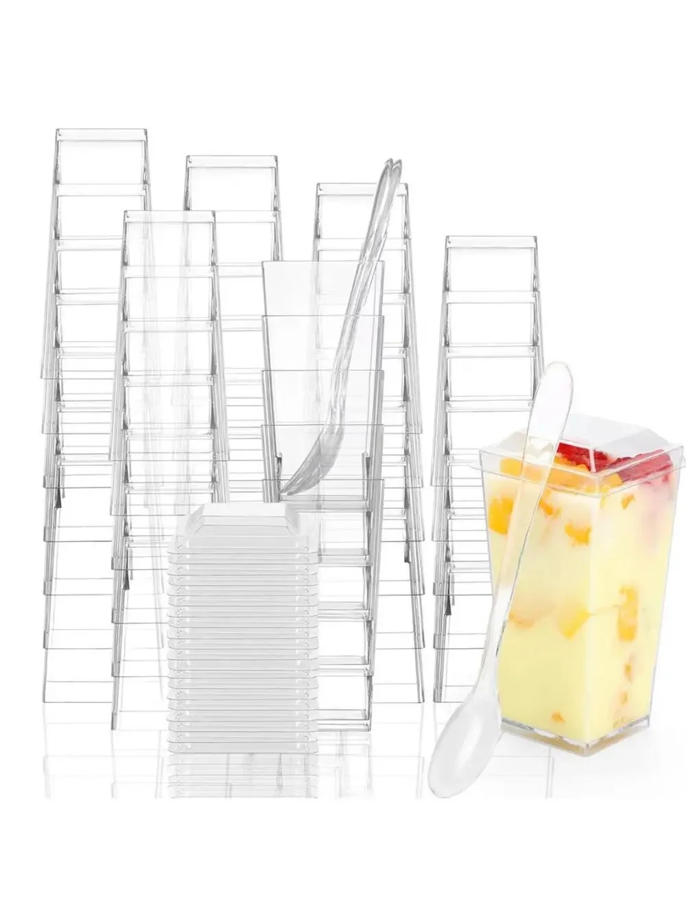 50 Pack 3 oz Square Mini Dessert Cups with Lids and Spoons
